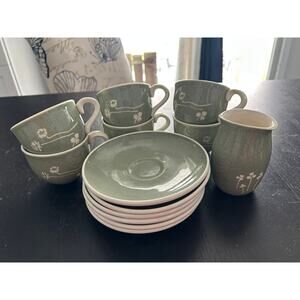 Vtg 50's Harkerware by Russel Wright Coral Olive w/ Flowers-13 Pc. Place Setting